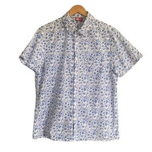 LudoCherry Blue White Button Up Short Sleeve Playful Print 100% Cotton Shirt M